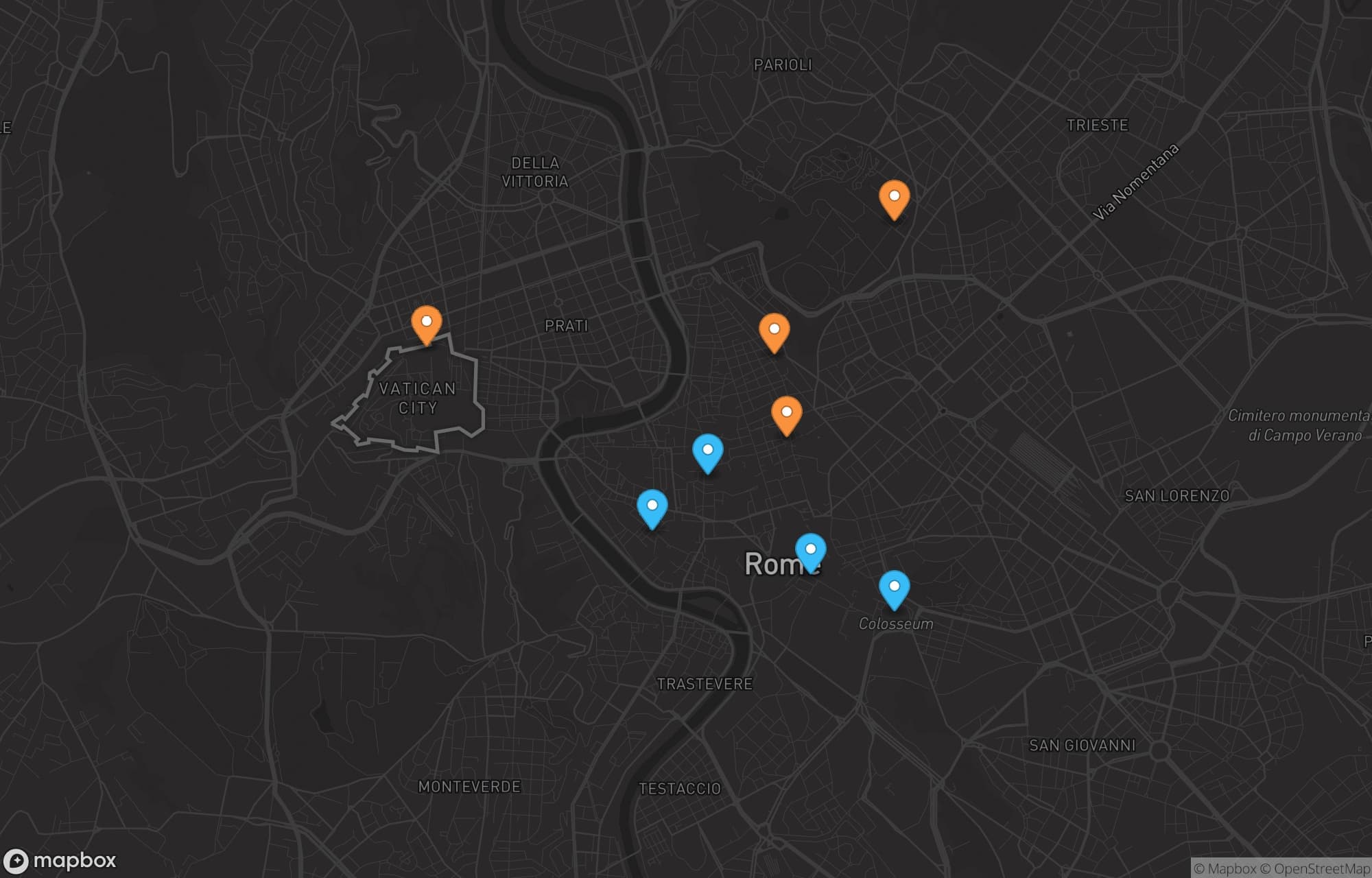 Itinerariul de exemplu din Roma, marcat pe hartă și colorat pe zile